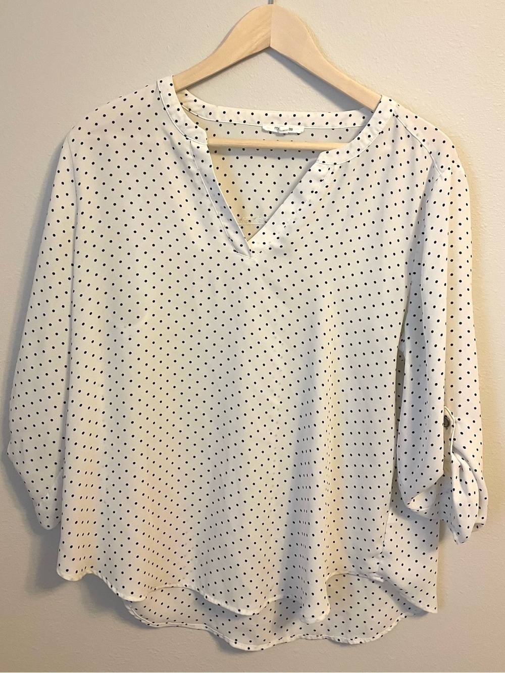 Maurices White Black Polka Dot Blouse Roll Tab Sleeve Career Casual Top - Size L